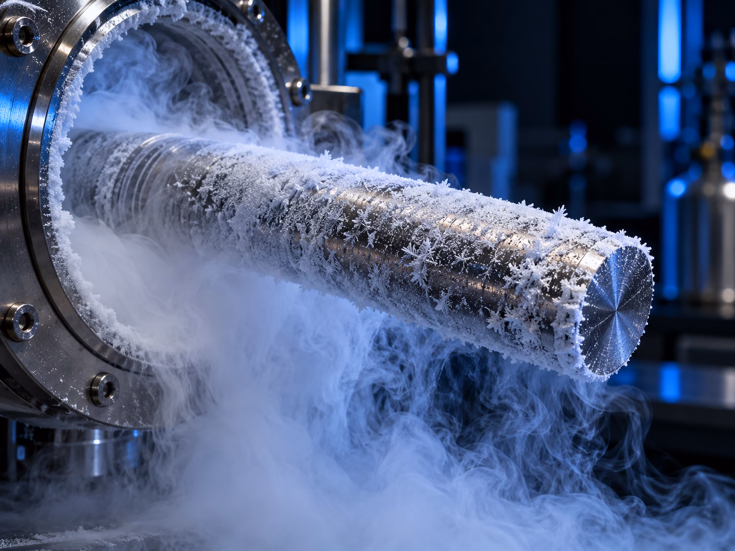 Härmas metallvarras väljub külmakambrist, ümber keerleb valge külm aur.