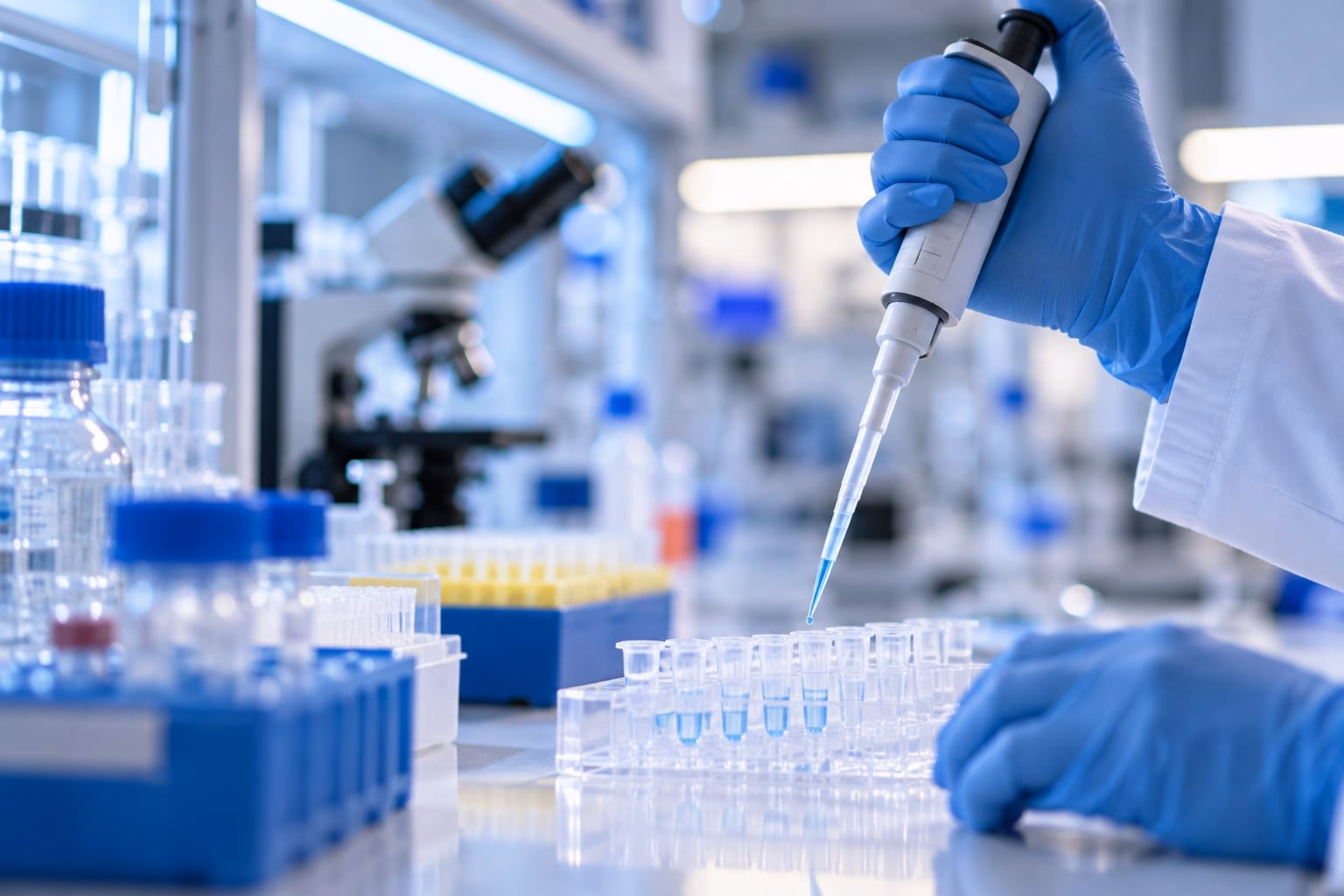 Biotehnoloogia laboris hoiab teadlane pipetti katseklaaside rivi kohal.