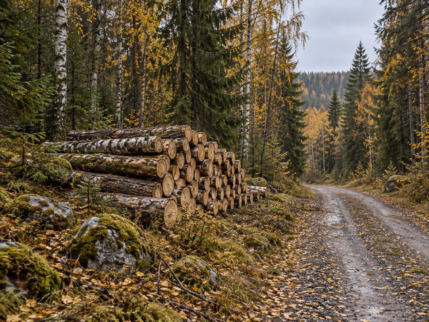Sügisene Eesti segamets, kuuskede ja kaskede vahel lebab virn langetatud palke.