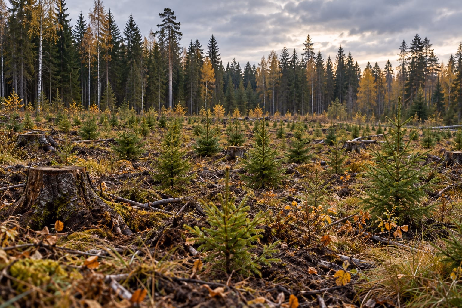 Raiesmikule on istutatud väikesed kuuseistikud, taamal kõrge mets.